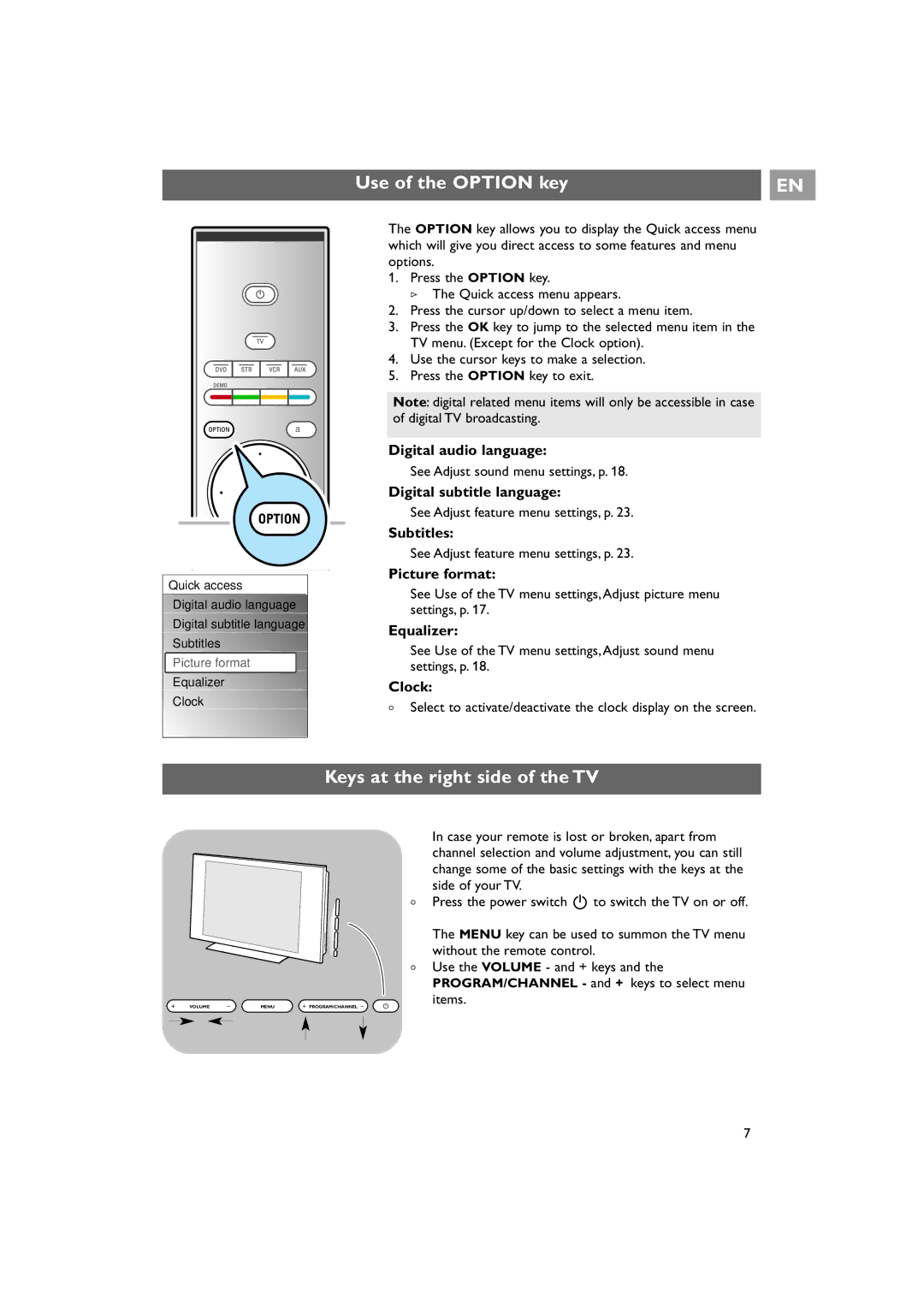 Philips 42PF9641D/10 instruction manual Use of the Option key, Keys at the right side of the TV 