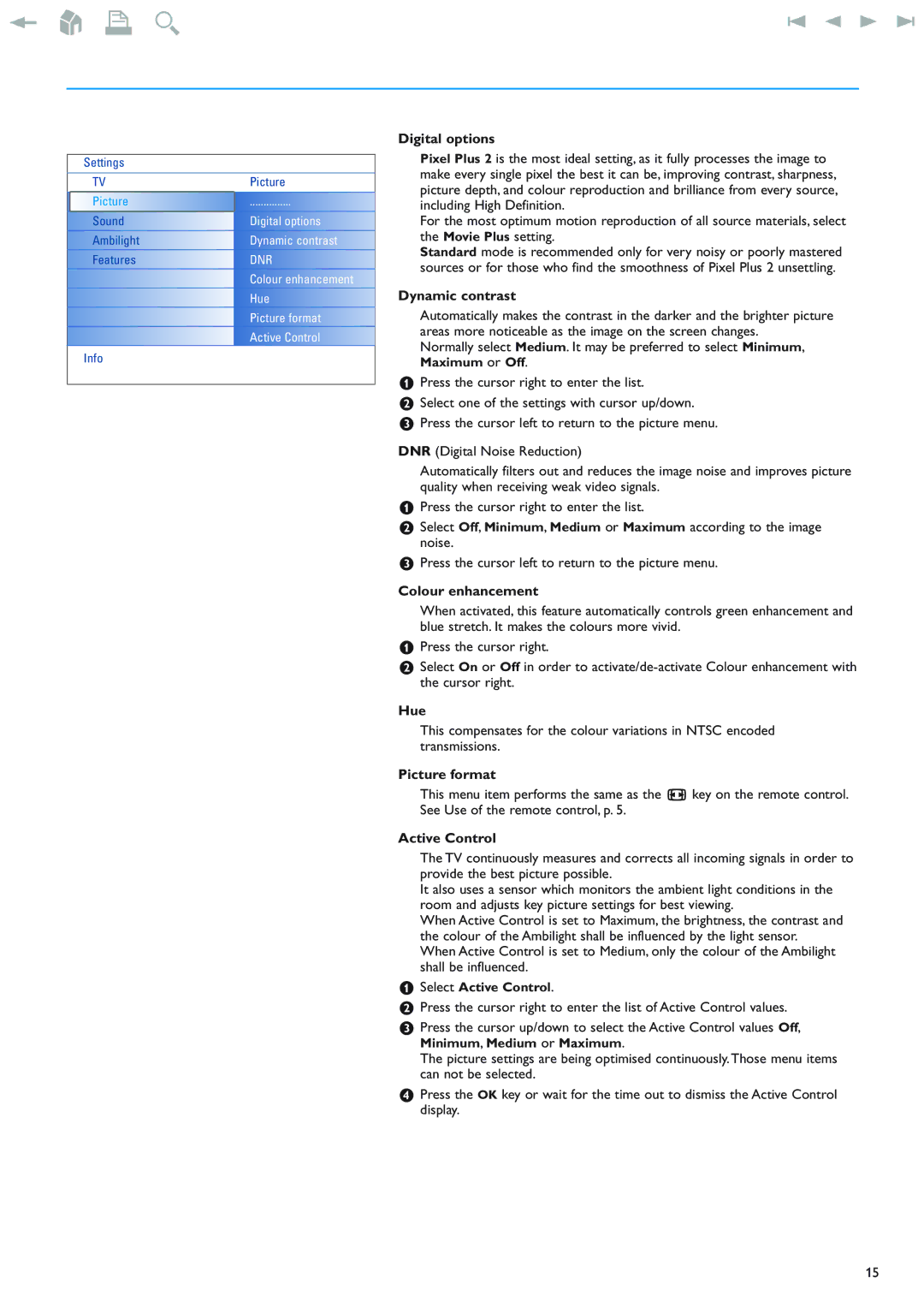 Philips 42PF9830/69-79 instruction manual Digital options, Dynamic contrast, Colour enhancement, Hue, Active Control 