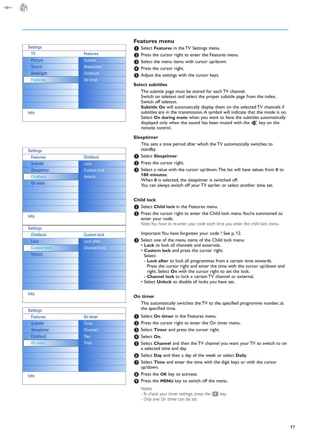 Philips 42PF9830/69-79 instruction manual Features menu, Select subtitles, Sleeptimer, Child lock, On timer 