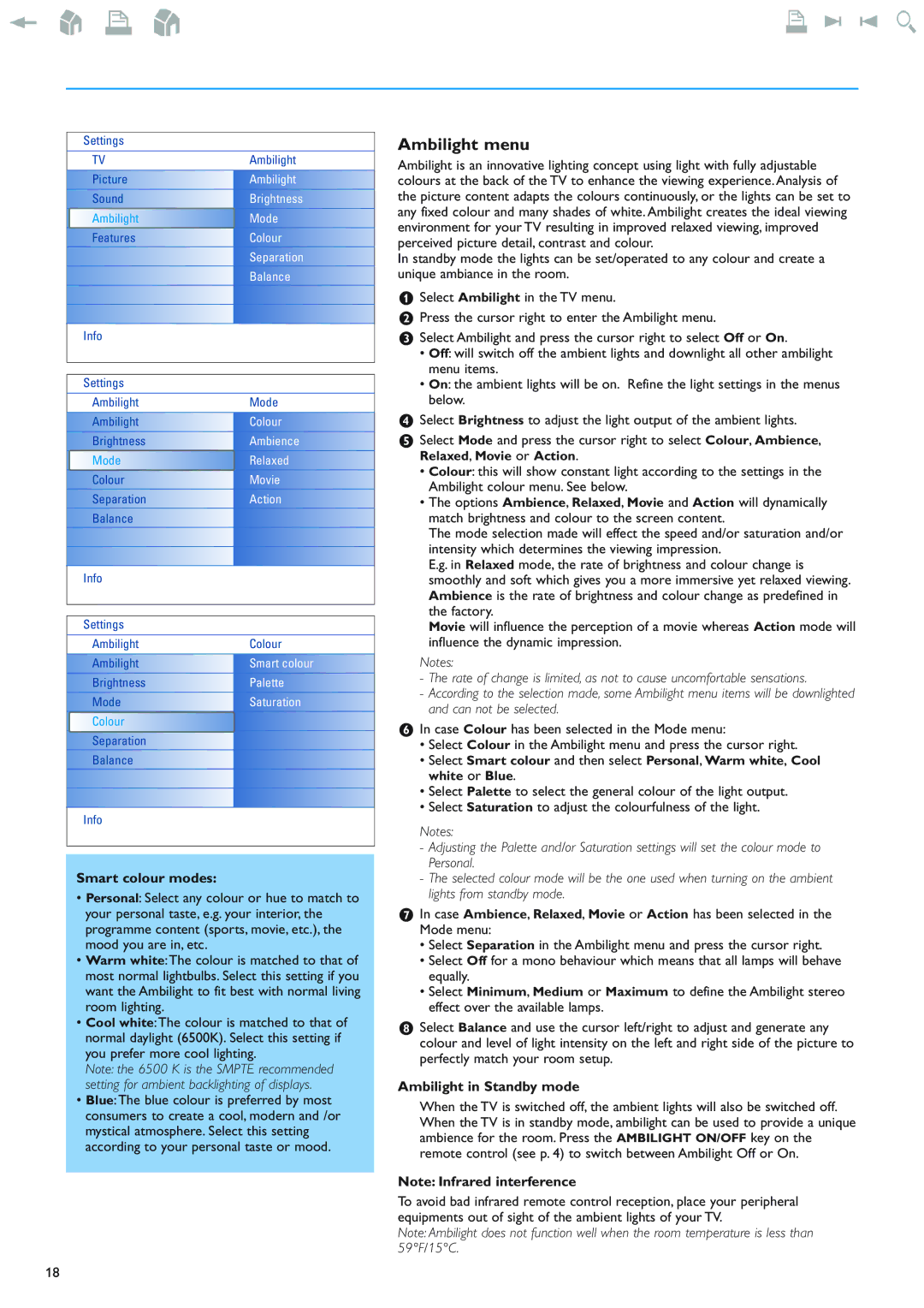 Philips 42PF9830/69-79 instruction manual Ambilight menu, Smart colour modes, Ambilight in Standby mode 