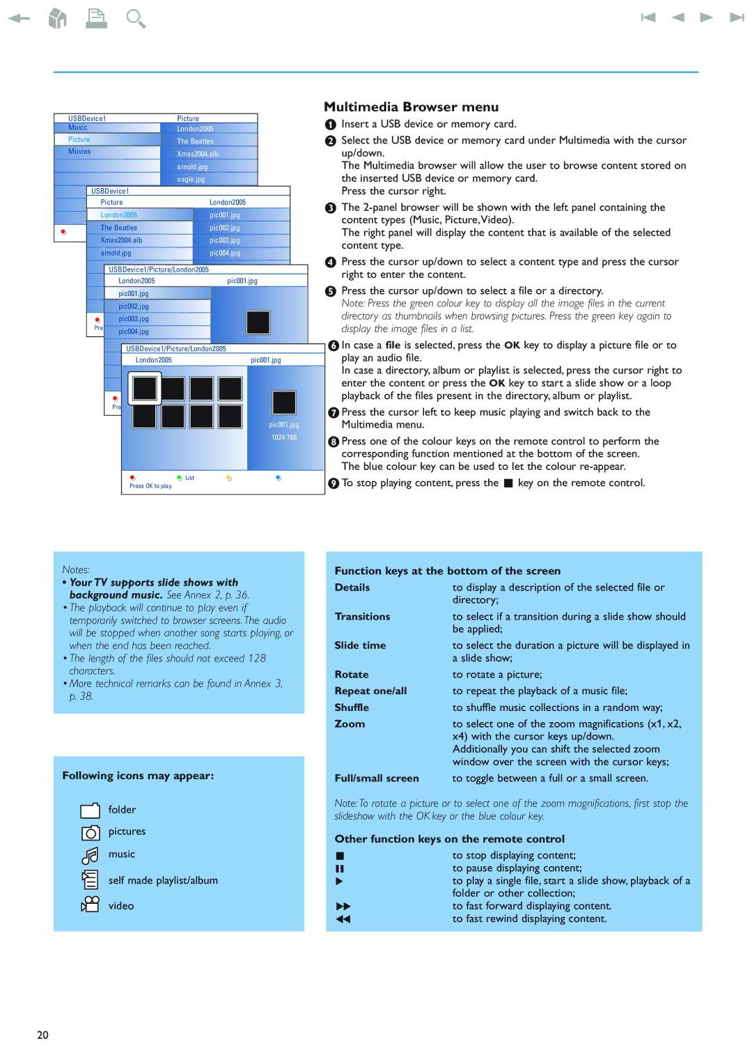 Philips 42PF9830/69-79 Multimedia Browser menu, Following icons may appear, Function keys at the bottom of the screen 