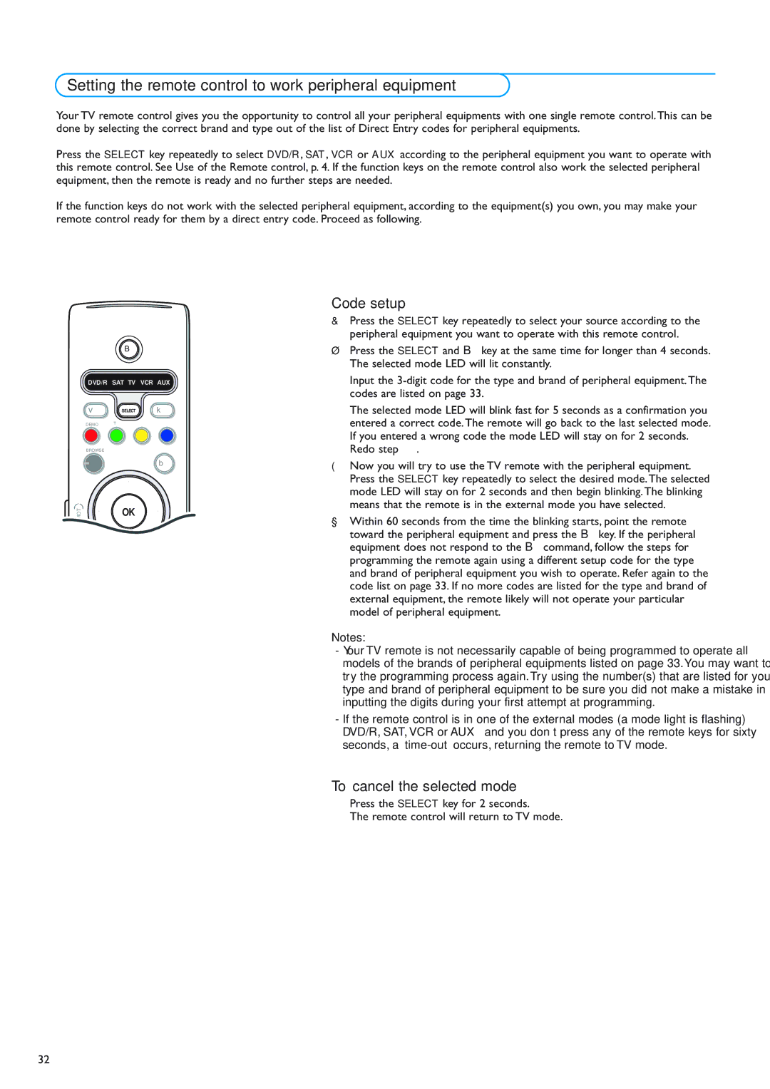 Philips 42PF9830/69-79 Setting the remote control to work peripheral equipment, Code setup, To cancel the selected mode 