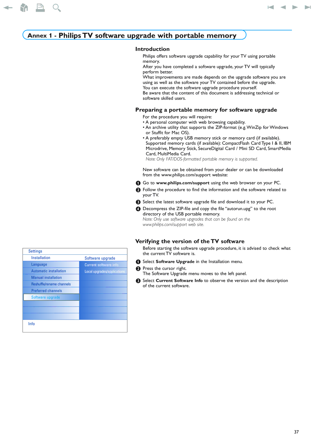 Philips 42PF9830/69-79 Preparing a portable memory for software upgrade, Verifying the version of the TV software 