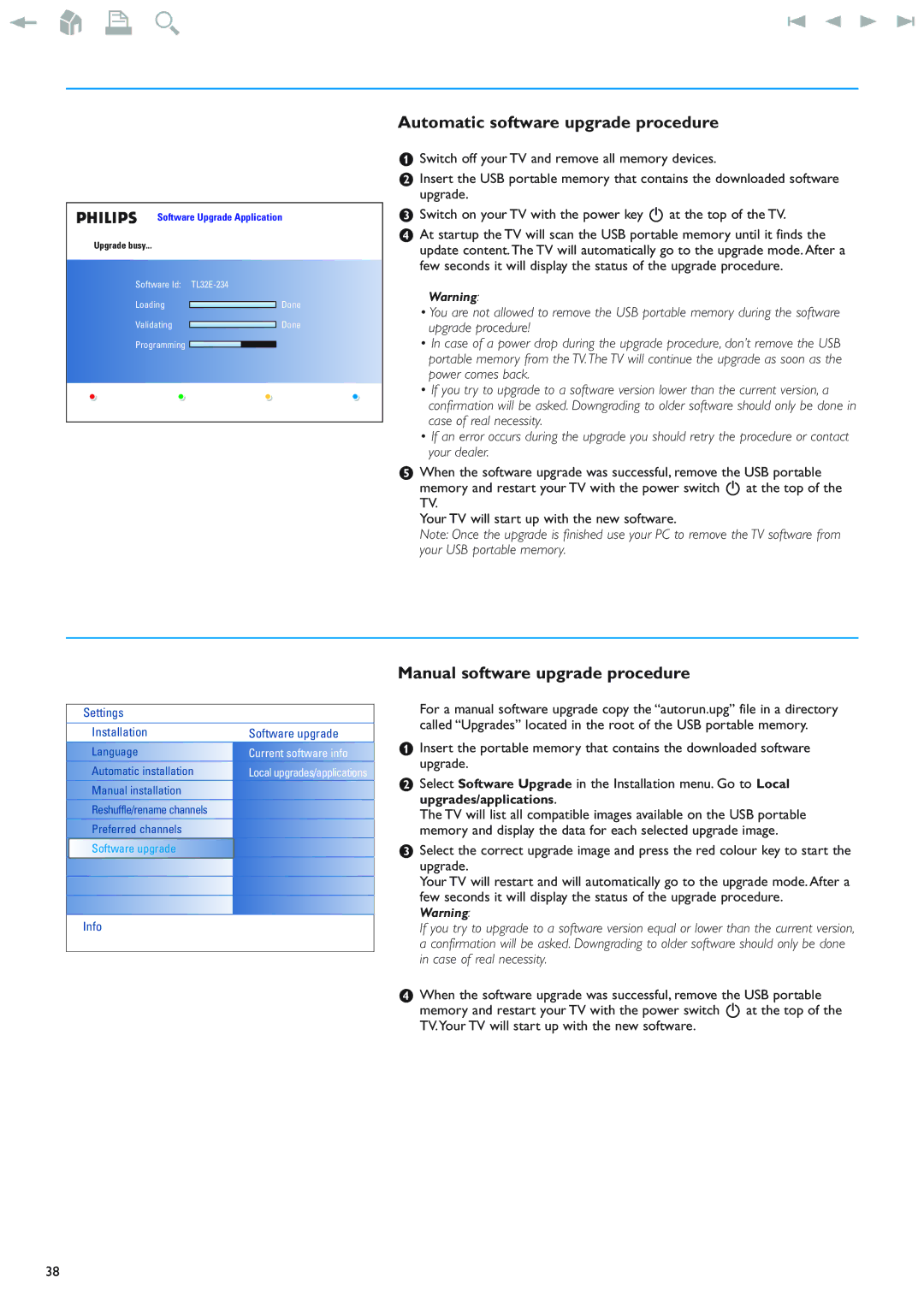 Philips 42PF9830/69-79 instruction manual Automatic software upgrade procedure, Manual software upgrade procedure 