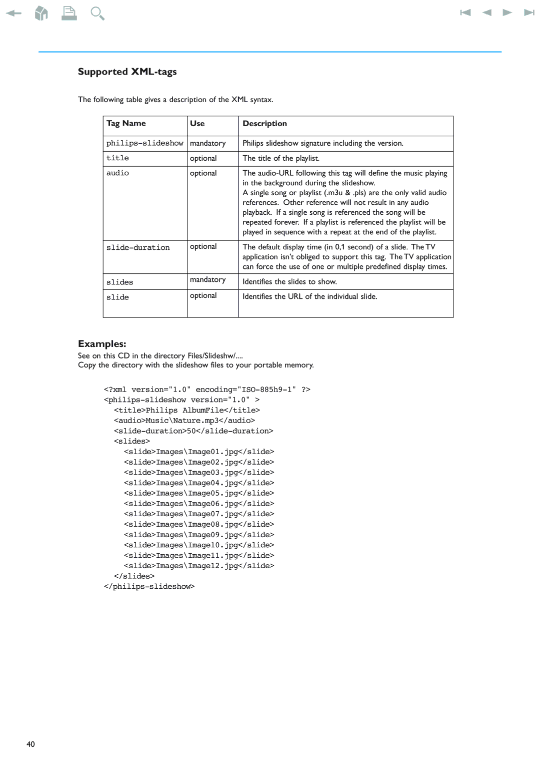 Philips 42PF9830/69-79 instruction manual Supported XML-tags, Examples, Tag Name Use Description 