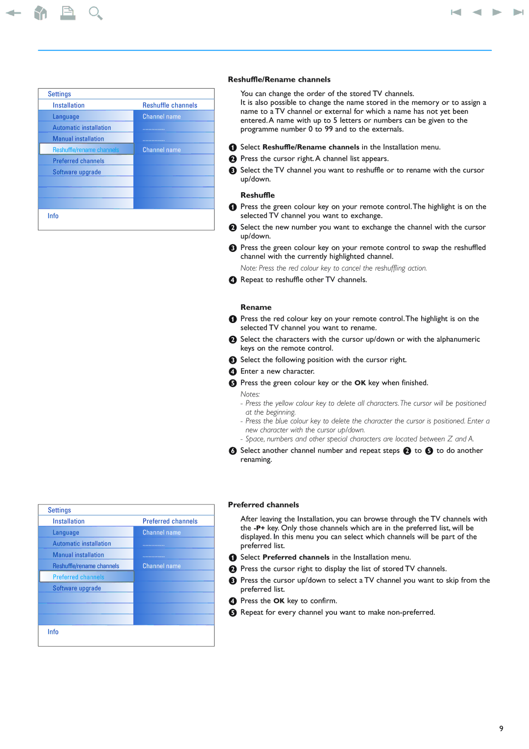 Philips 42PF9830/69-79 instruction manual Reshuffle/Rename channels, Preferred channels 