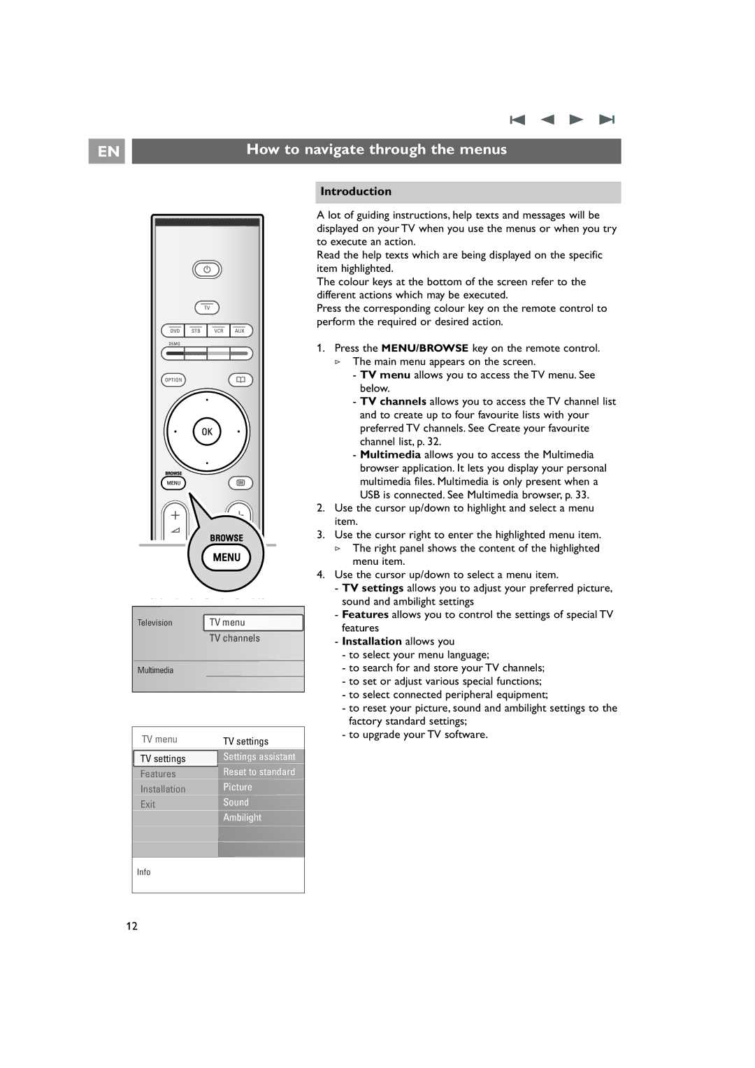 Philips 42PF9831/69 instruction manual How to navigate through the menus, Introduction, Installation allows you 