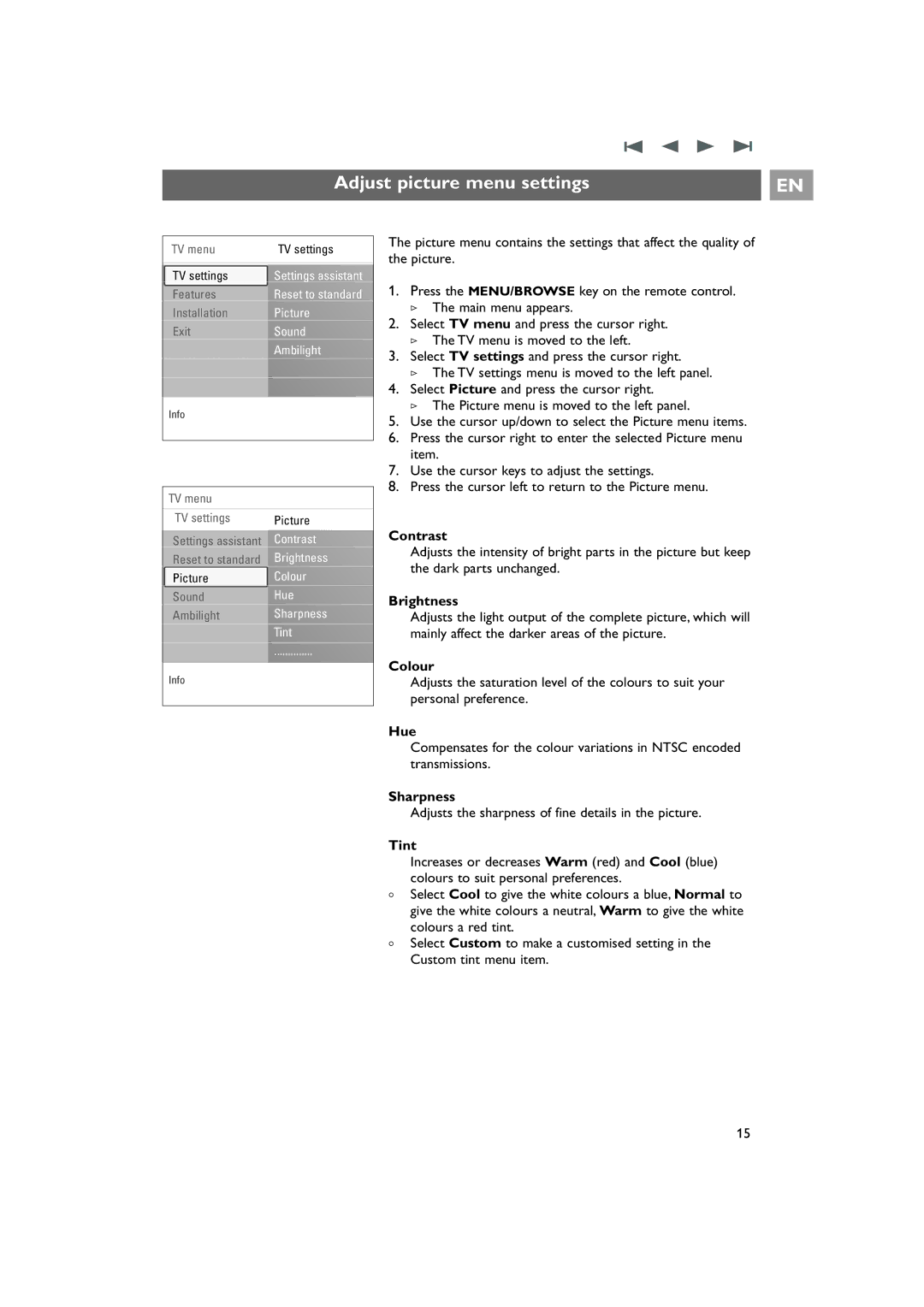 Philips 42PF9831/69 instruction manual Adjust picture menu settings 