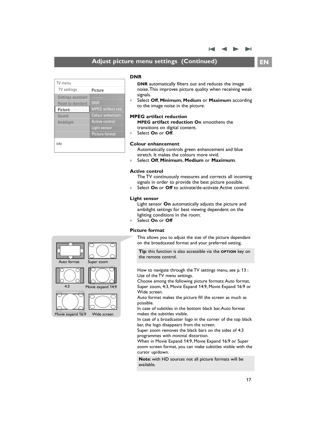 Philips 42PF9831/69 Colour enhancement, Select Off, Minimum, Medium or Maximum Active control, Light sensor 