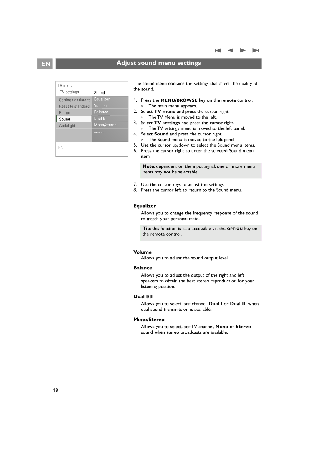 Philips 42PF9831/69 instruction manual Adjust sound menu settings 