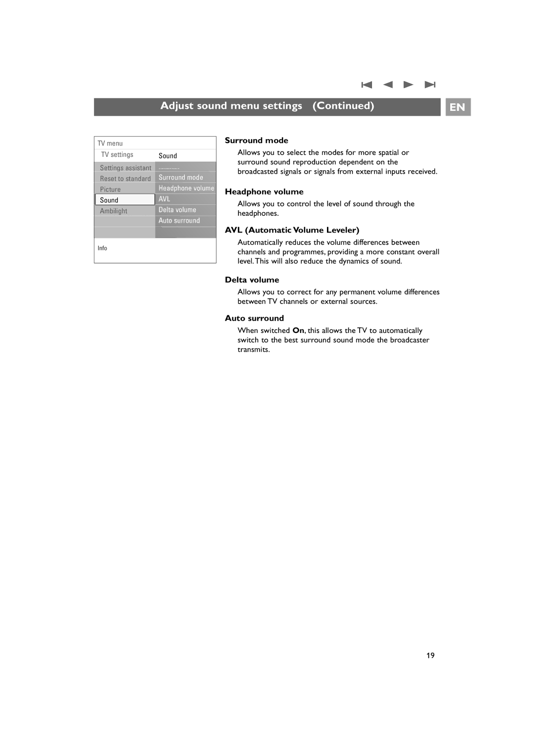 Philips 42PF9831/69 instruction manual Adjust sound menu settings 