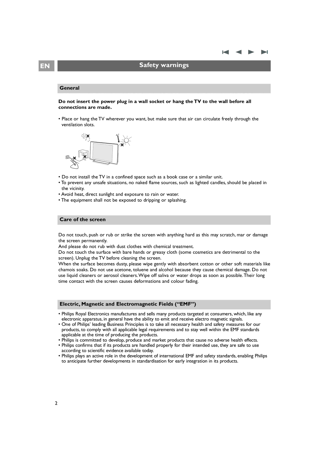Philips 42PF9831/69 Safety warnings, General, Care of the screen, Electric, Magnetic and Electromagnetic Fields EMF 