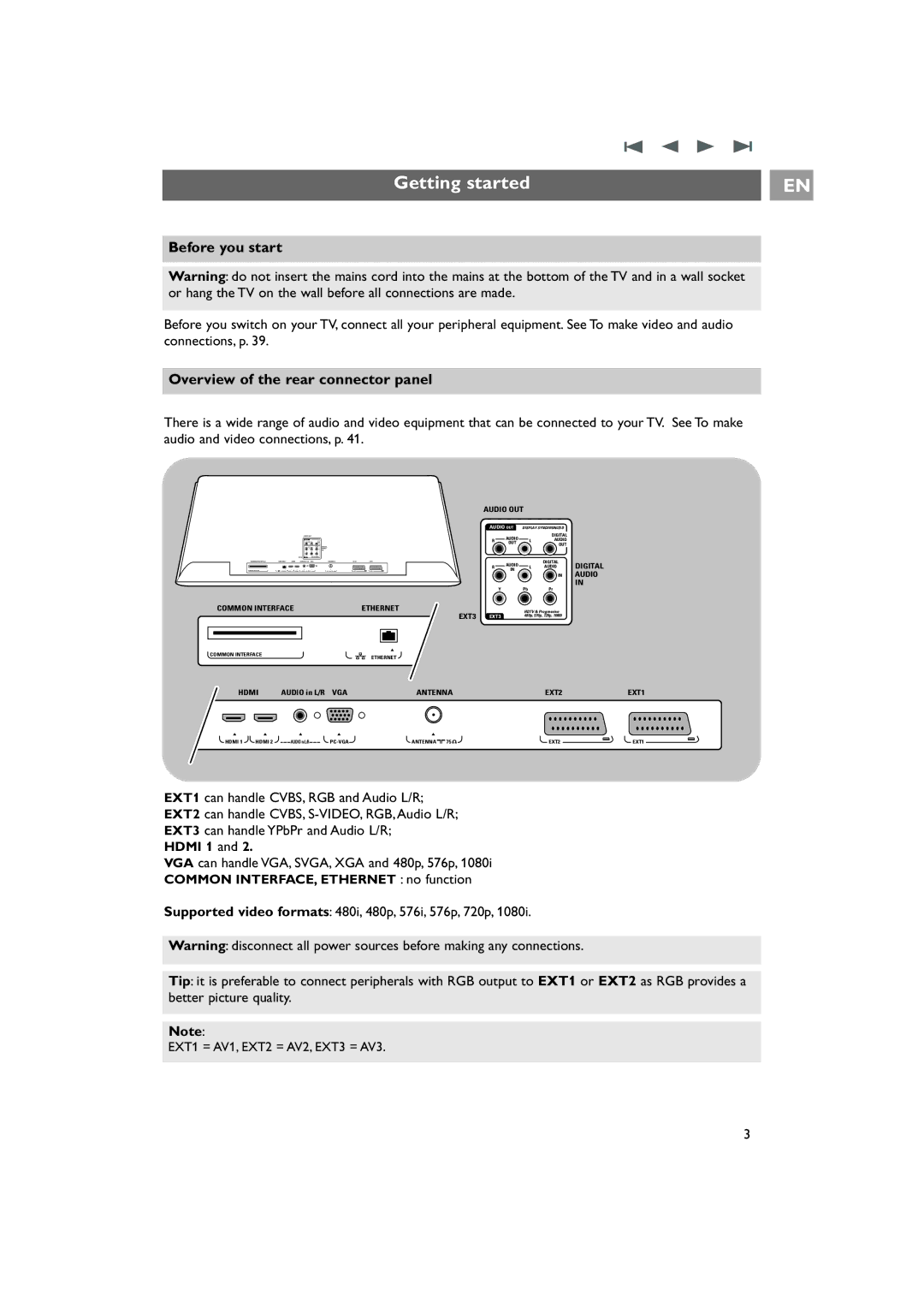 Philips 42PF9831/69 instruction manual Getting started, Before you start, Overview of the rear connector panel 