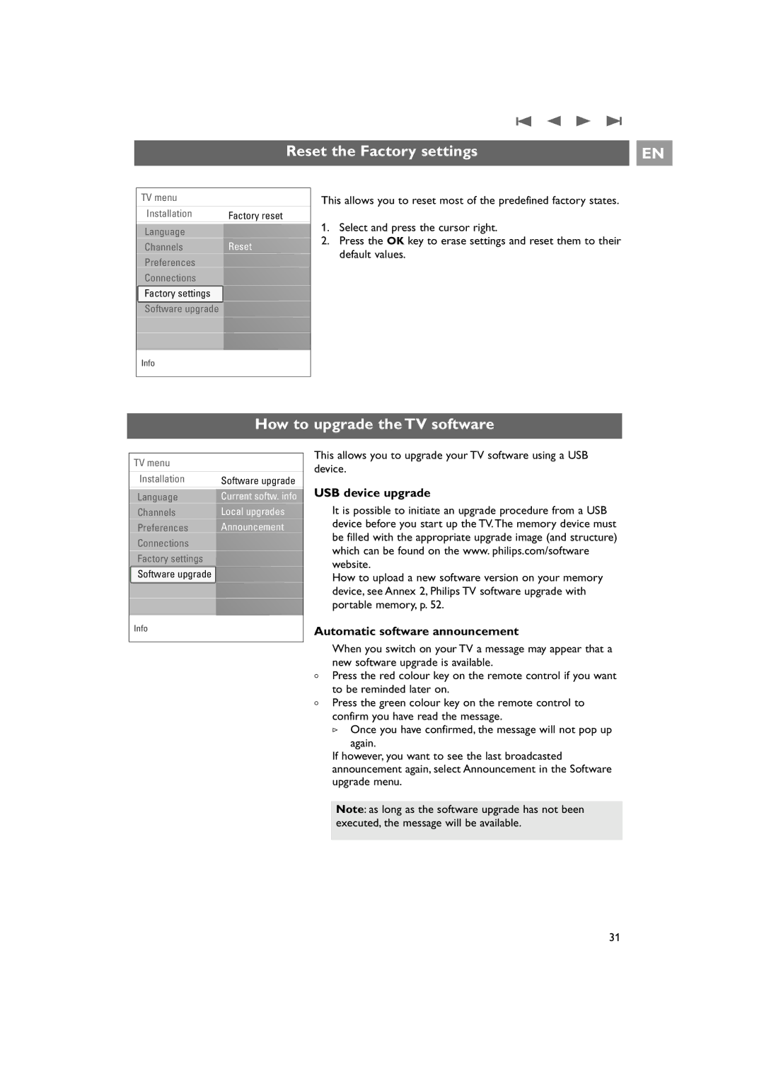 Philips 42PF9831/69 instruction manual Reset the Factory settings, How to upgrade the TV software, USB device upgrade 