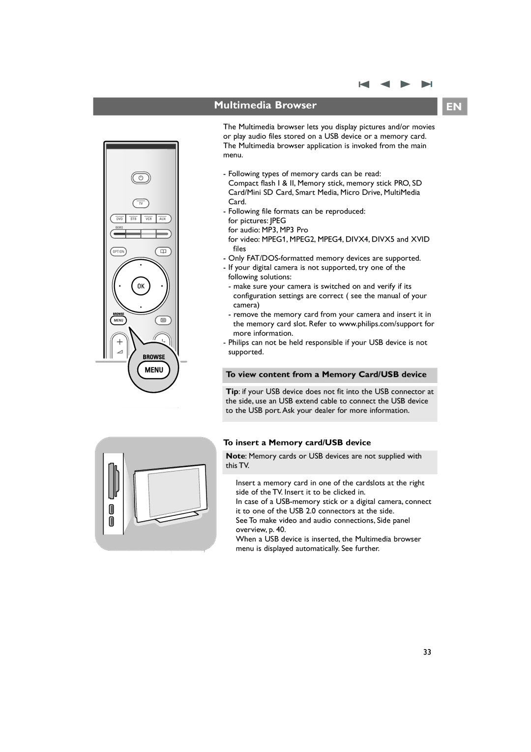 Philips 42PF9831/69 Multimedia Browser, To view content from a Memory Card/USB device, To insert a Memory card/USB device 