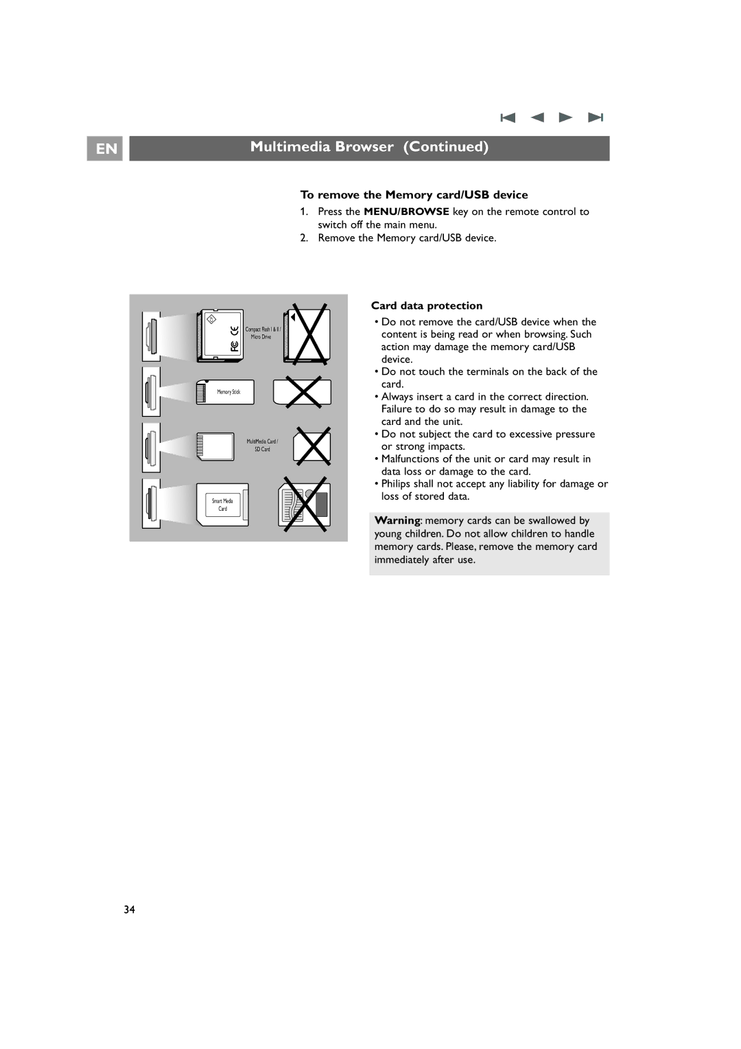 Philips 42PF9831/69 To remove the Memory card/USB device, Press the MENU/BROWSE key on the remote control to 