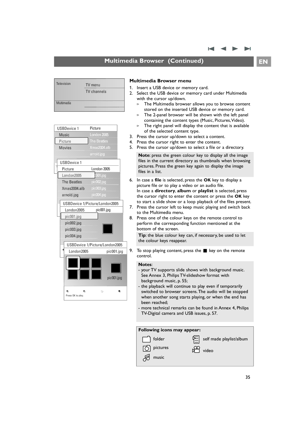 Philips 42PF9831/69 instruction manual Multimedia Browser menu, Following icons may appear 