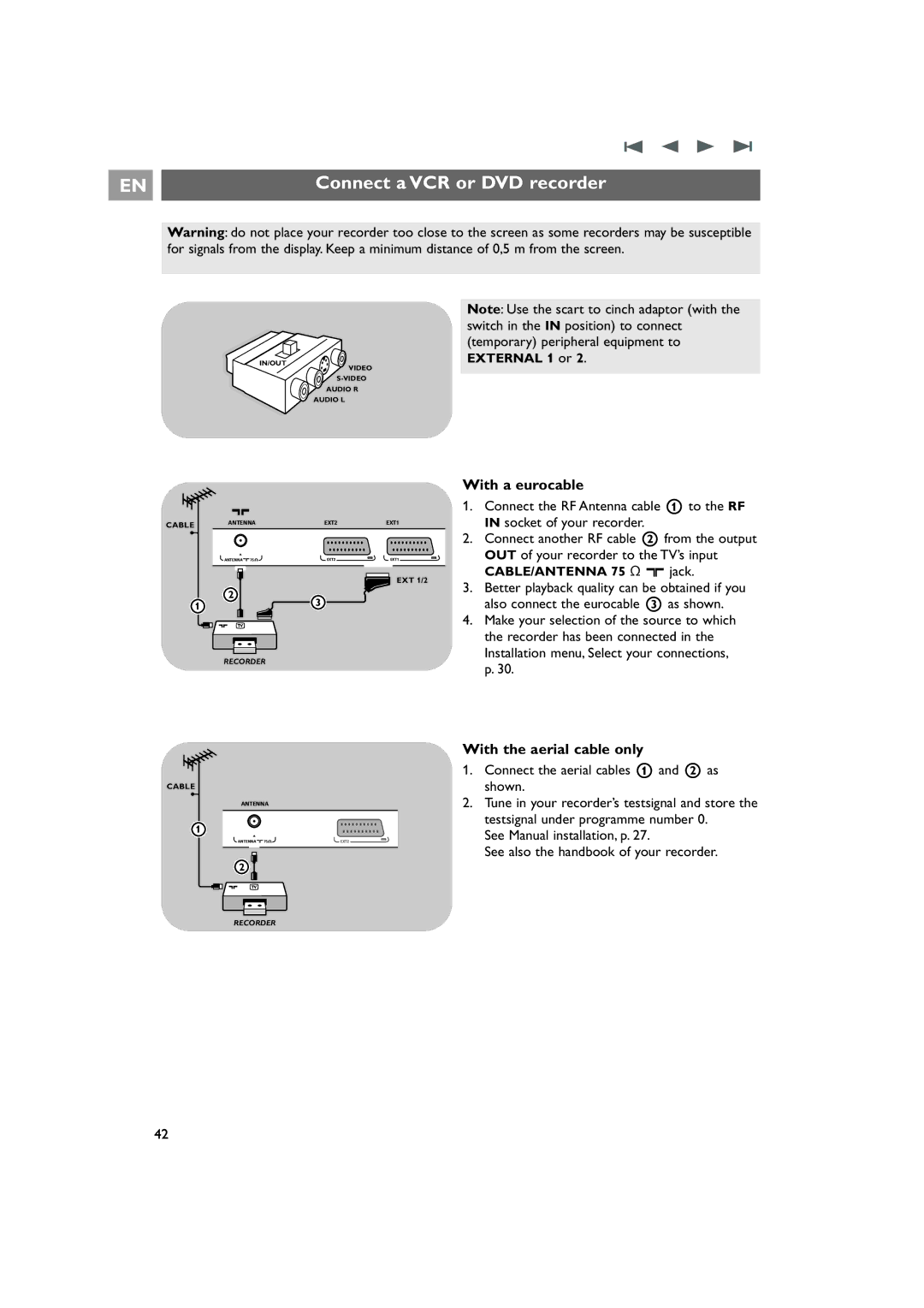 Philips 42PF9831/69 instruction manual Connect a VCR or DVD recorder, With a eurocable, With the aerial cable only 