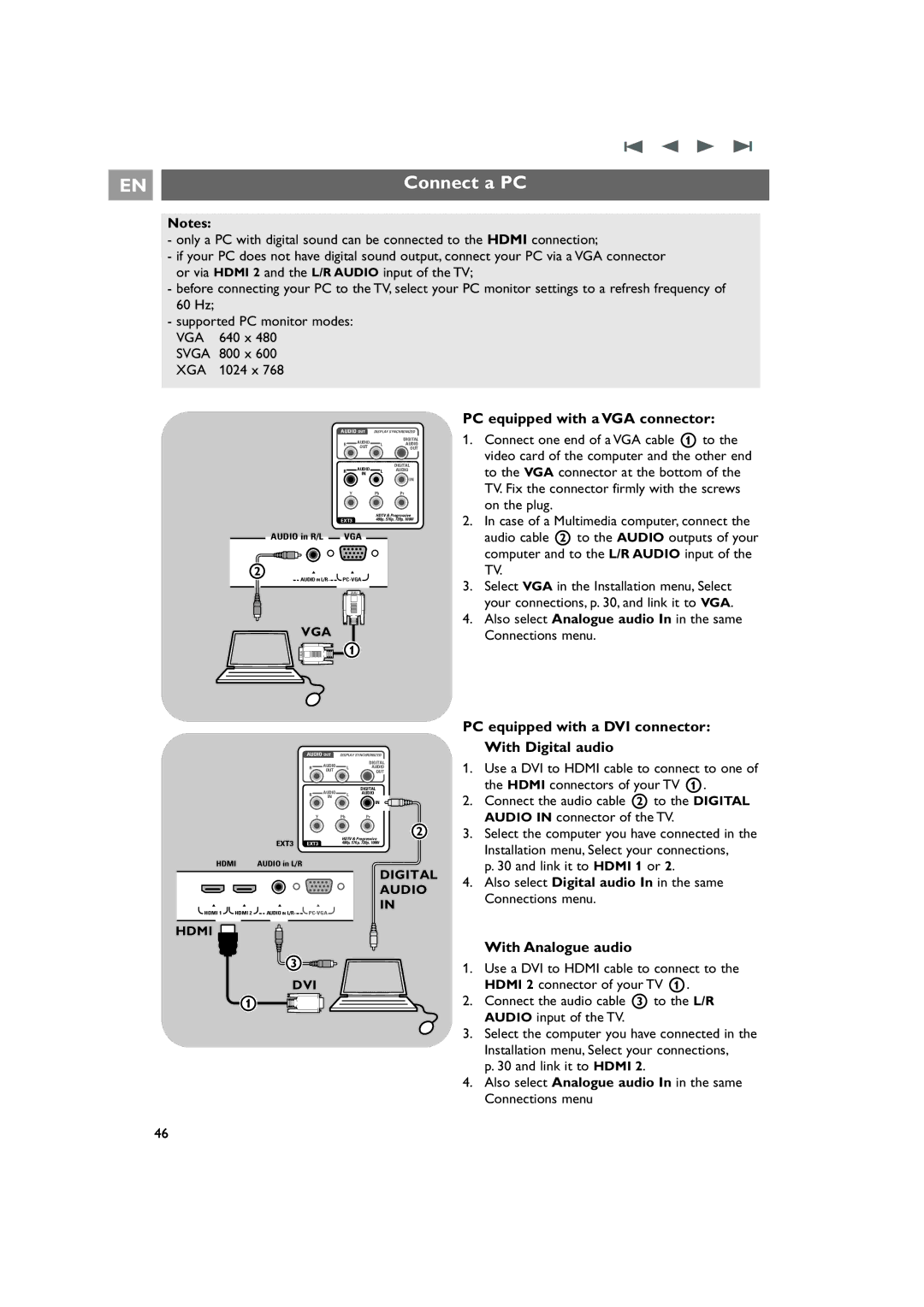 Philips 42PF9831/69 Connect a PC, PC equipped with a VGA connector, PC equipped with a DVI connector With Digital audio 