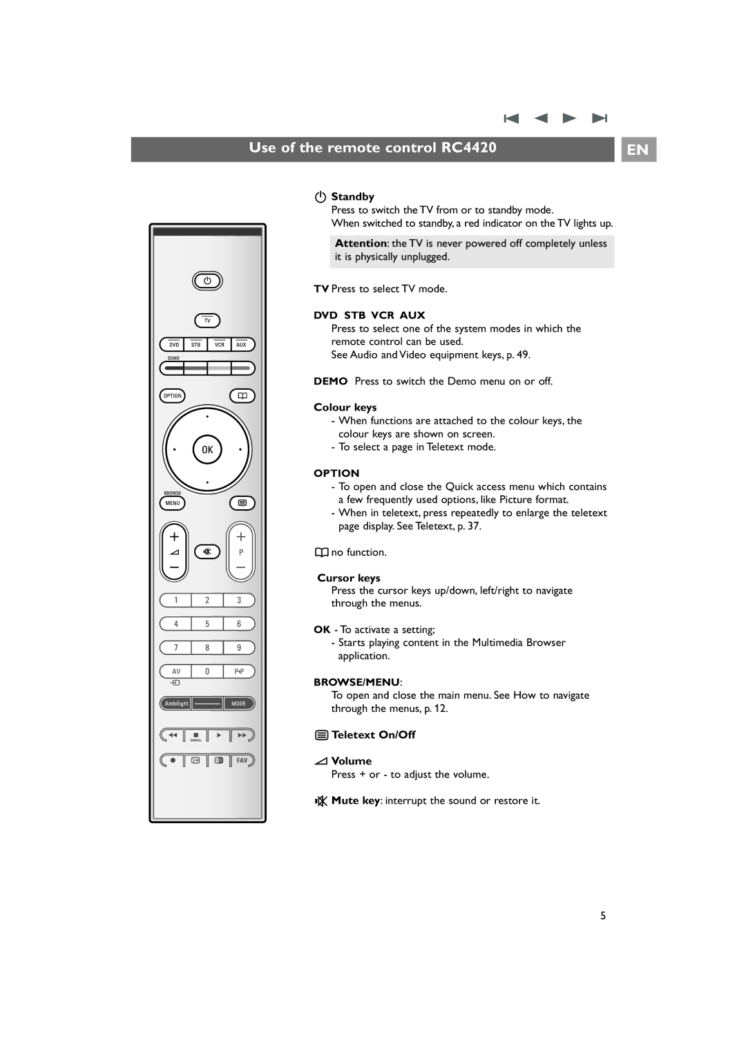 Philips 42PF9831/69 Use of the remote control RC4420, Standby, Colour keys, Cursor keys, Teletext On/Off Volume 