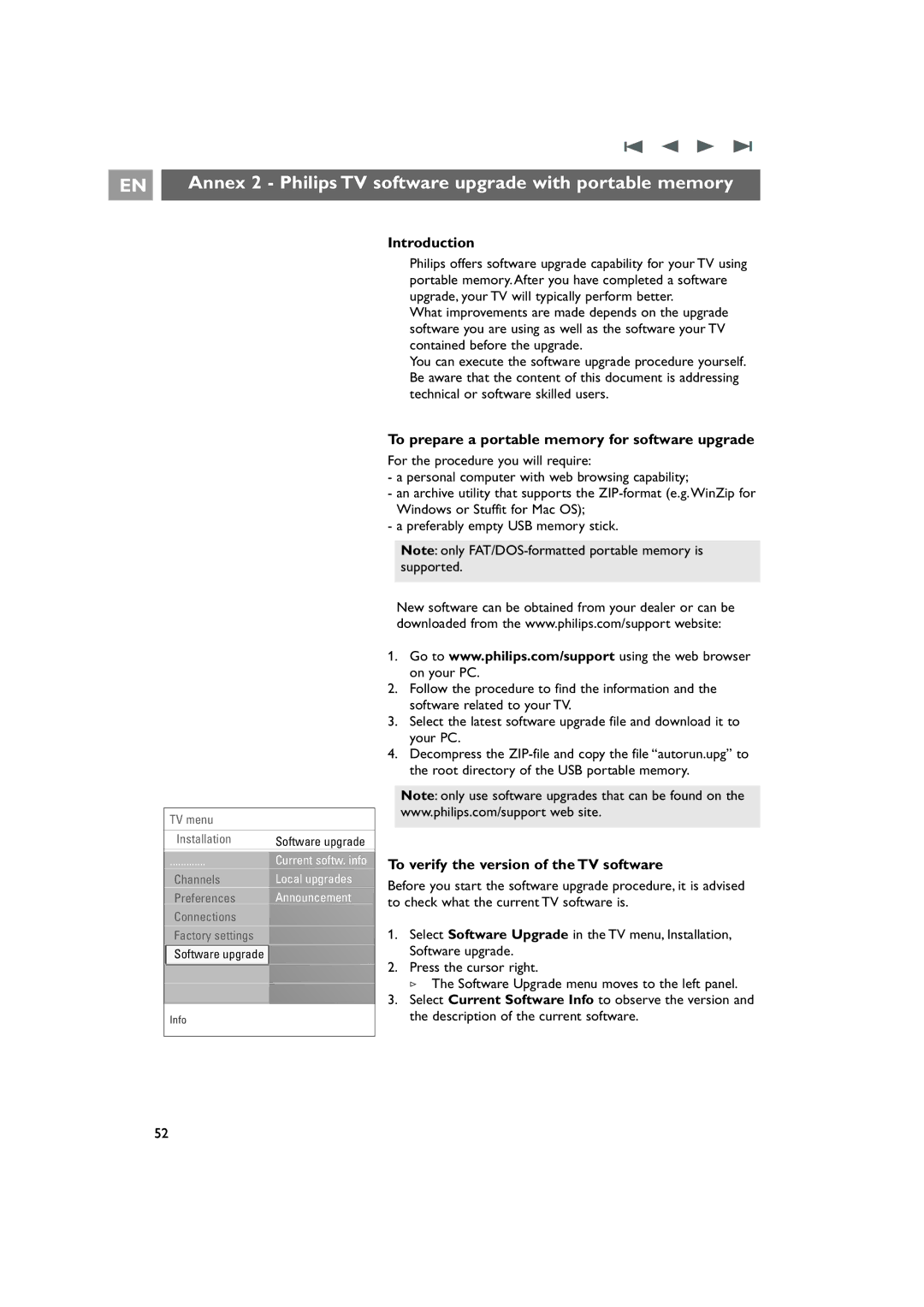 Philips 42PF9831/69 Annex 2 Philips TV software upgrade with portable memory, To verify the version of the TV software 
