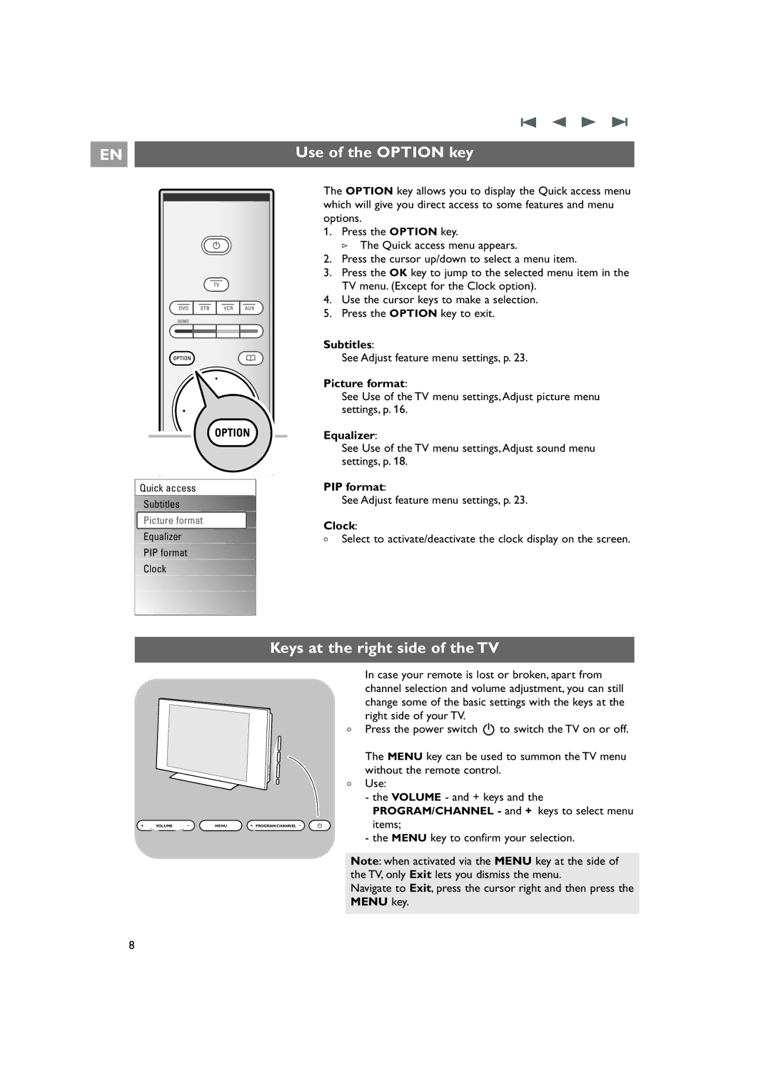 Philips 42PF9831/69 instruction manual Use of the Option key, Keys at the right side of the TV 