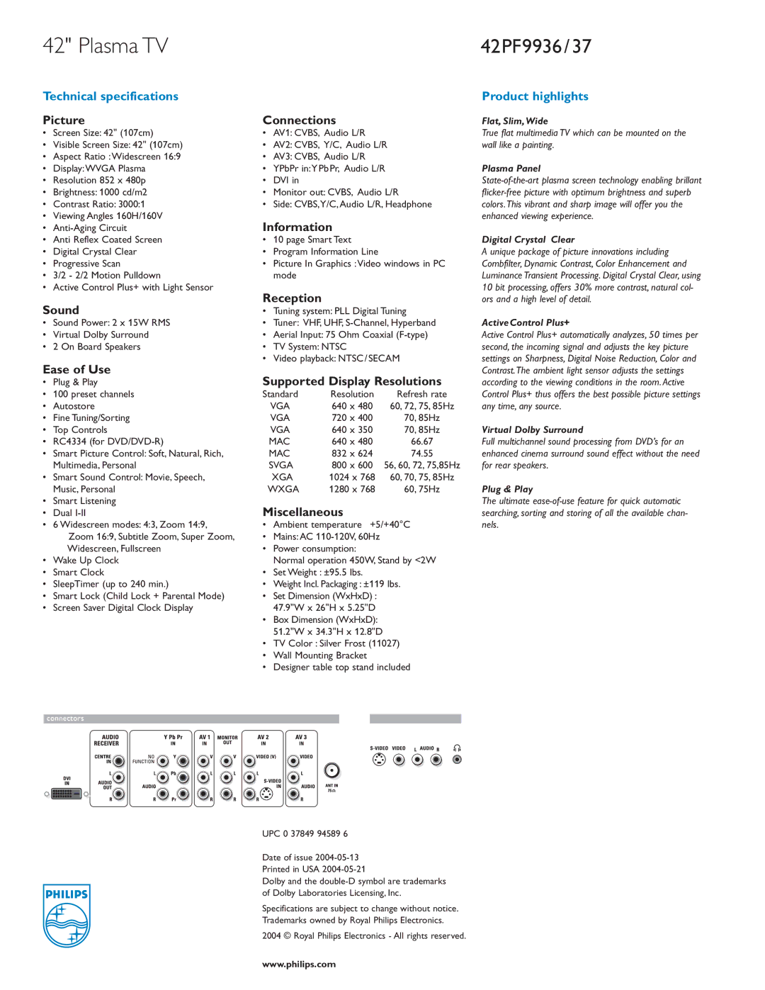 Philips 42PF9936/37 manual Picture Connections, Information, Reception, Sound, Ease of Use, Supported Display Resolutions 