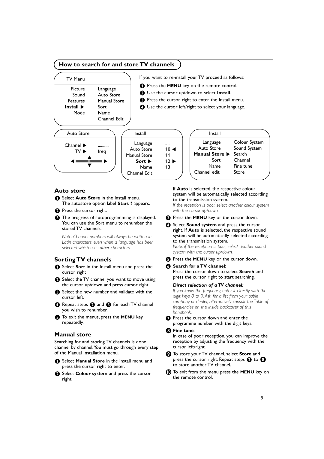 Philips 42PF9946 manual How to search for and store TV channels, Auto store, Sorting TV channels, Manual store 