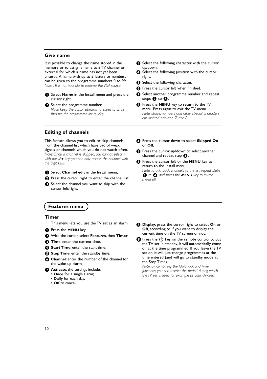 Philips 42PF9946 manual Give name, Editing of channels, Features menu Timer 