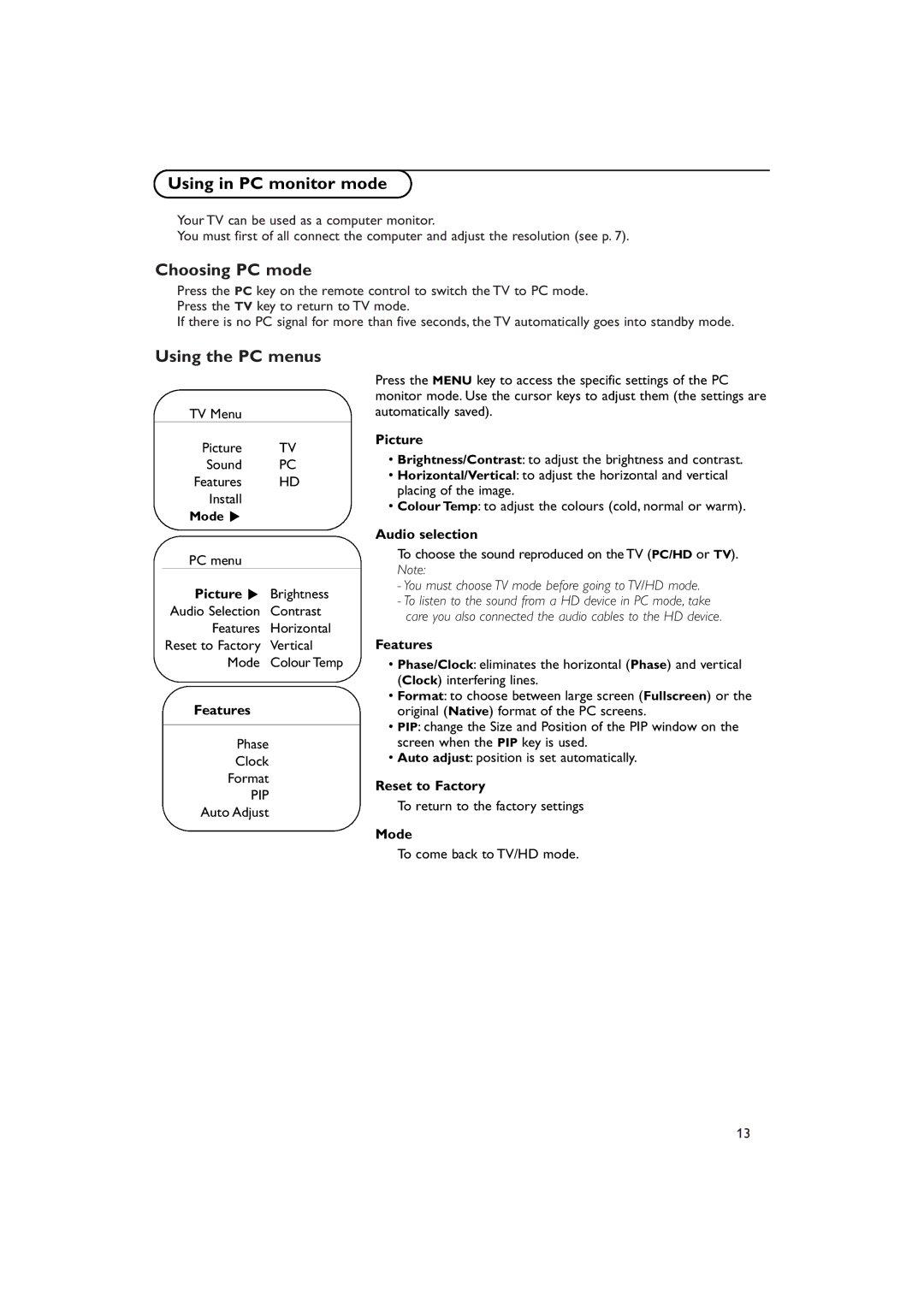 Philips 42PF9946 manual Using in PC monitor mode, Choosing PC mode, Using the PC menus 