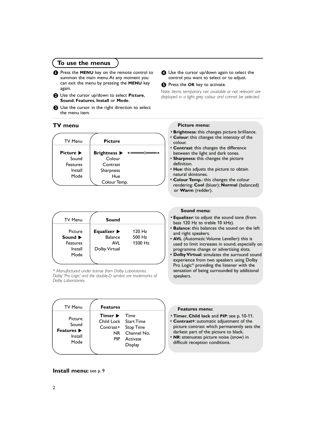 Philips 42PF9946 manual To use the menus, TV menu, Install menu see p 