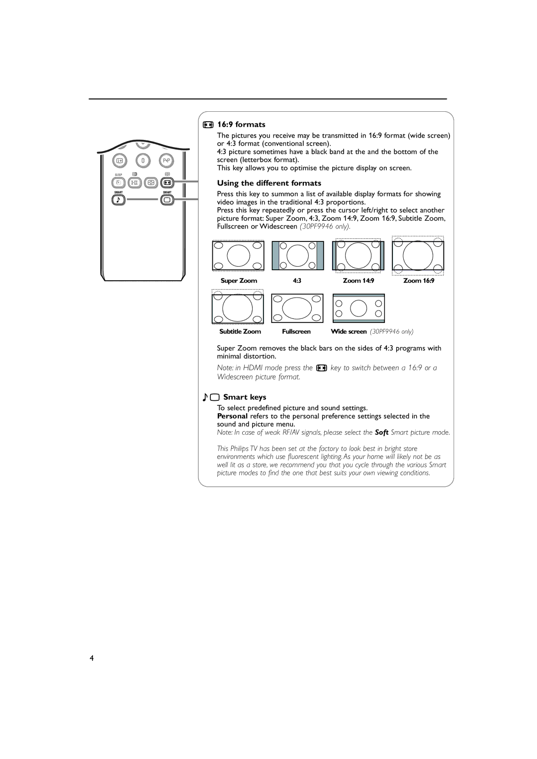 Philips 42PF9946 manual Formats, Using the different formats, Ma Smart keys 