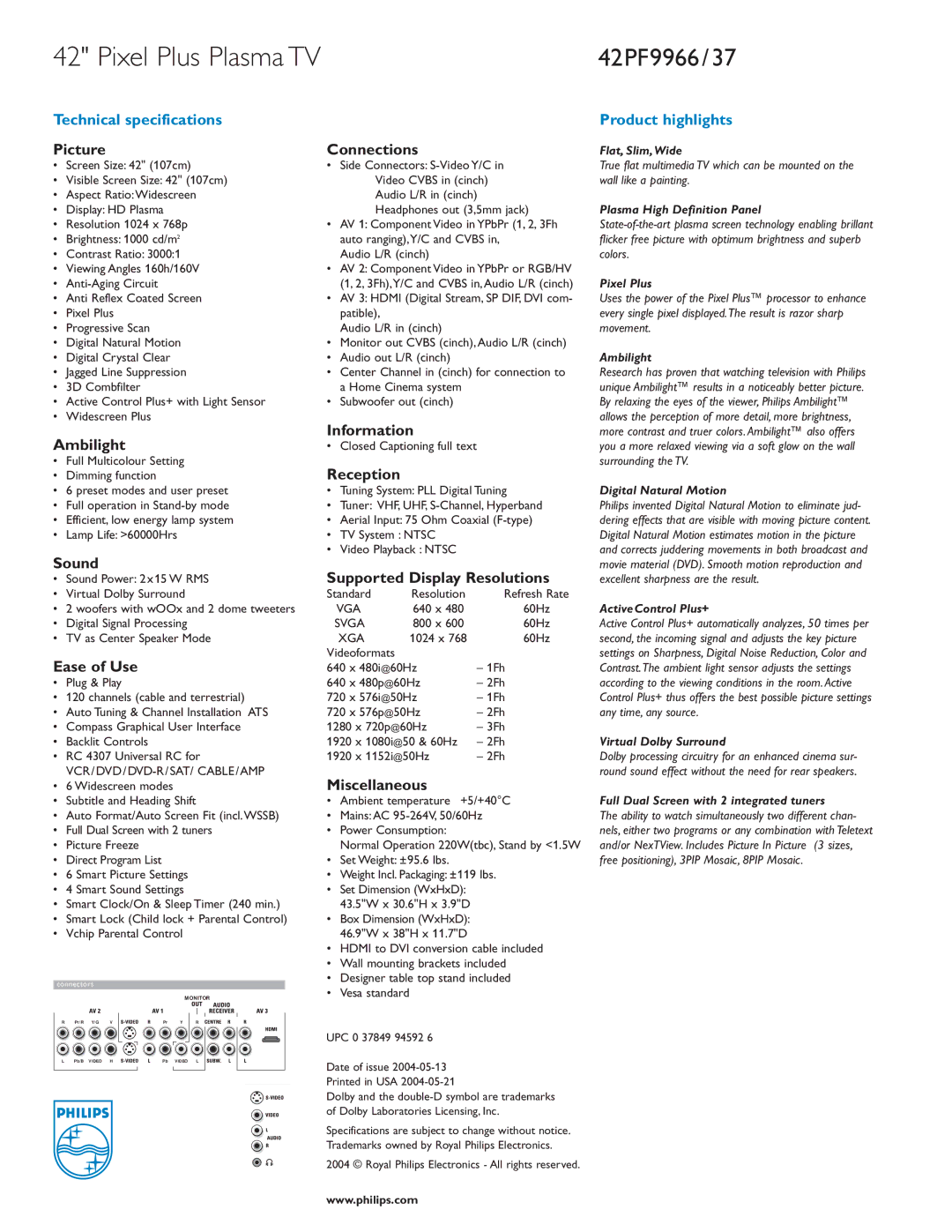 Philips 42PF9966/37 manual Picture, Ambilight, Sound, Ease of Use, Connections, Information, Reception, Miscellaneous 