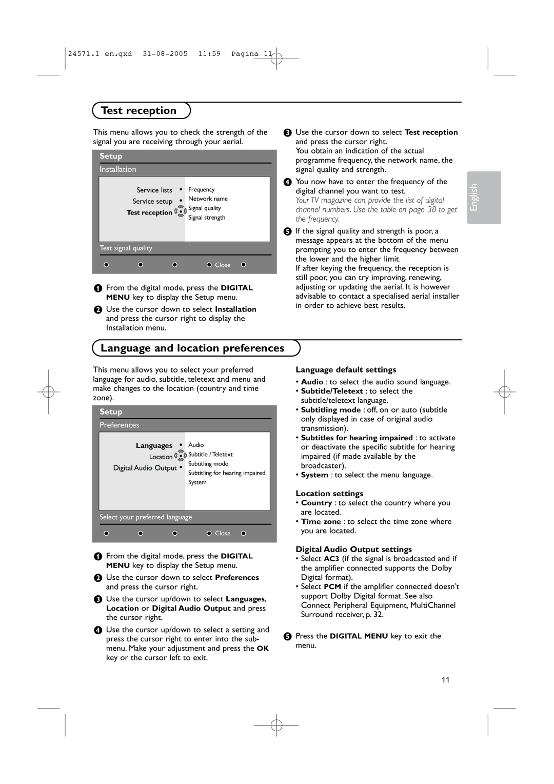 Philips 32PF9967D/10 Test reception, Language and location preferences, Language default settings, Location settings 