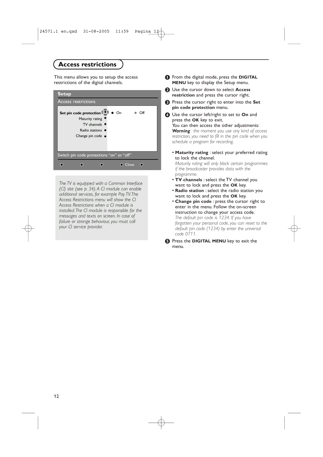 Philips 42PF9967D/10, 50PF9967D/10, 32PF9967D/10 instruction manual Access restrictions 