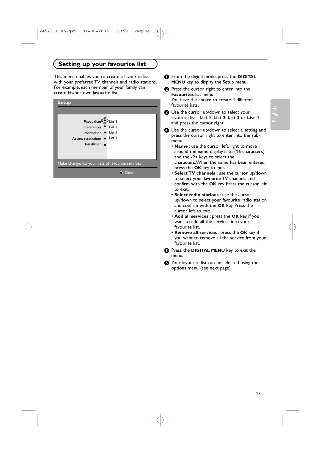 Philips 50PF9967D/10, 42PF9967D/10, 32PF9967D/10 instruction manual Setting up your favourite list 