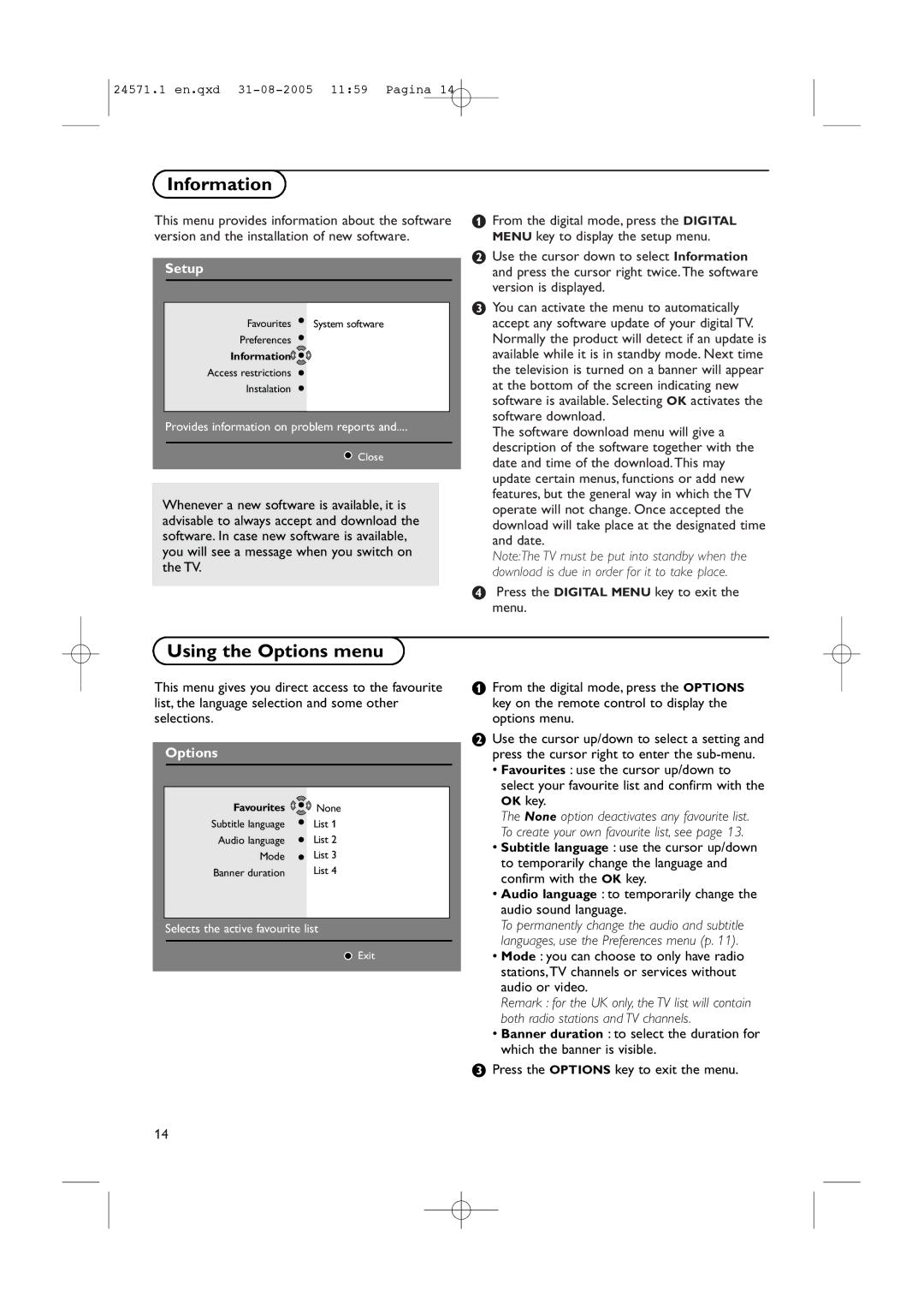 Philips 32PF9967D/10, 42PF9967D/10, 50PF9967D/10 instruction manual Information, Using the Options menu 