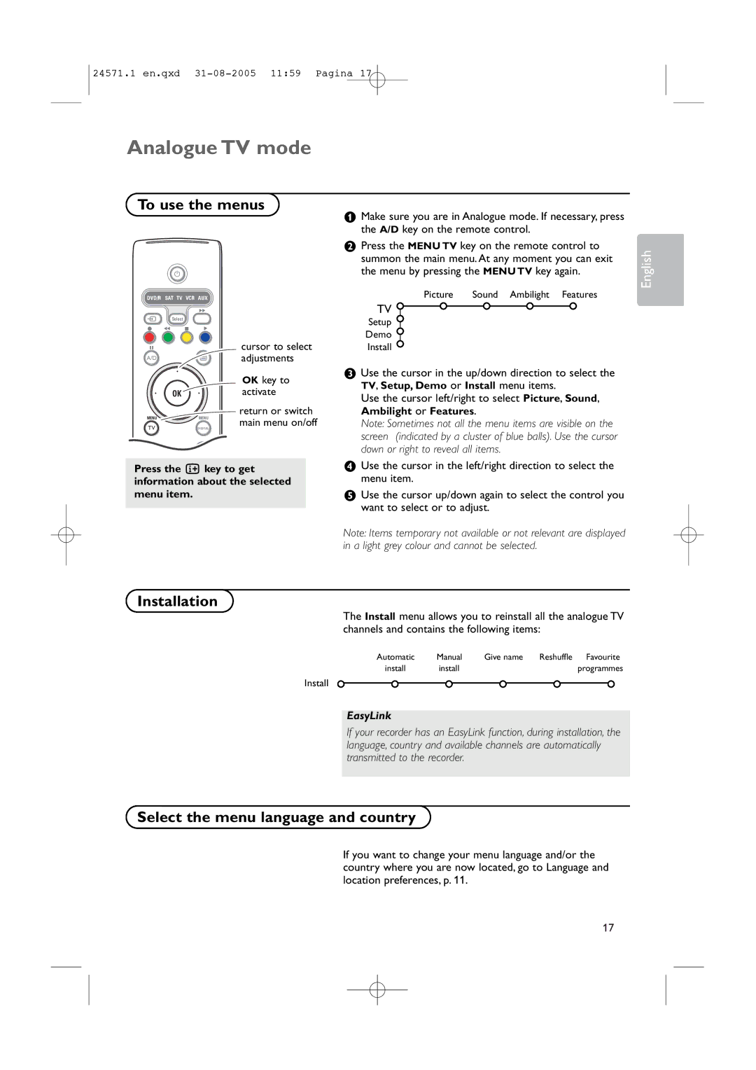 Philips 32PF9967D/10, 42PF9967D/10, 50PF9967D/10 To use the menus, Installation, Select the menu language and country 