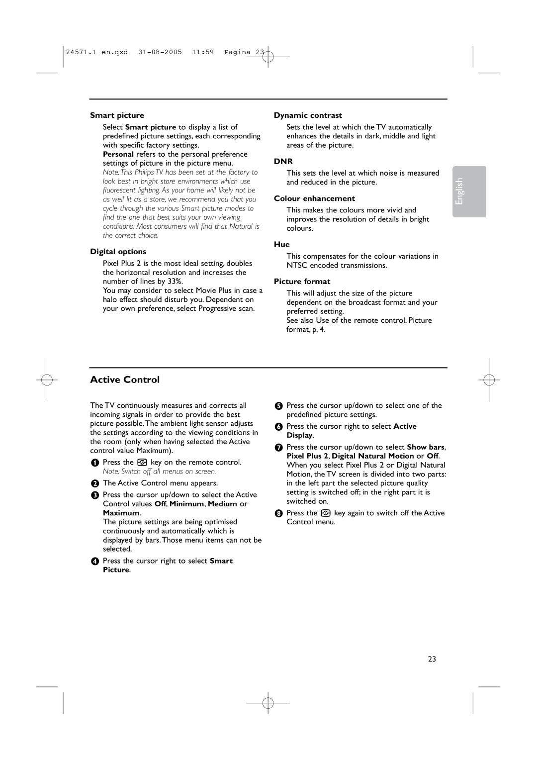 Philips 32PF9967D/10, 42PF9967D/10, 50PF9967D/10 instruction manual Active Control 