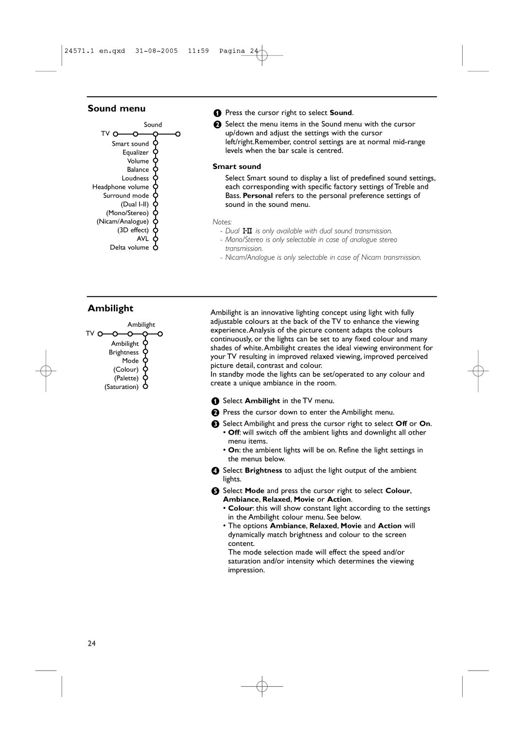 Philips 42PF9967D/10, 50PF9967D/10, 32PF9967D/10 instruction manual Sound menu, Ambilight, Smart sound 