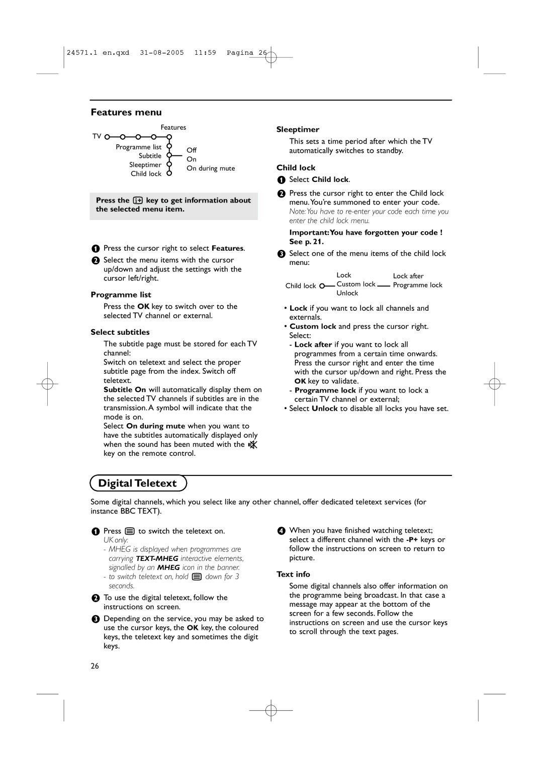 Philips 32PF9967D/10, 42PF9967D/10, 50PF9967D/10 instruction manual Digital Teletext, Features menu 