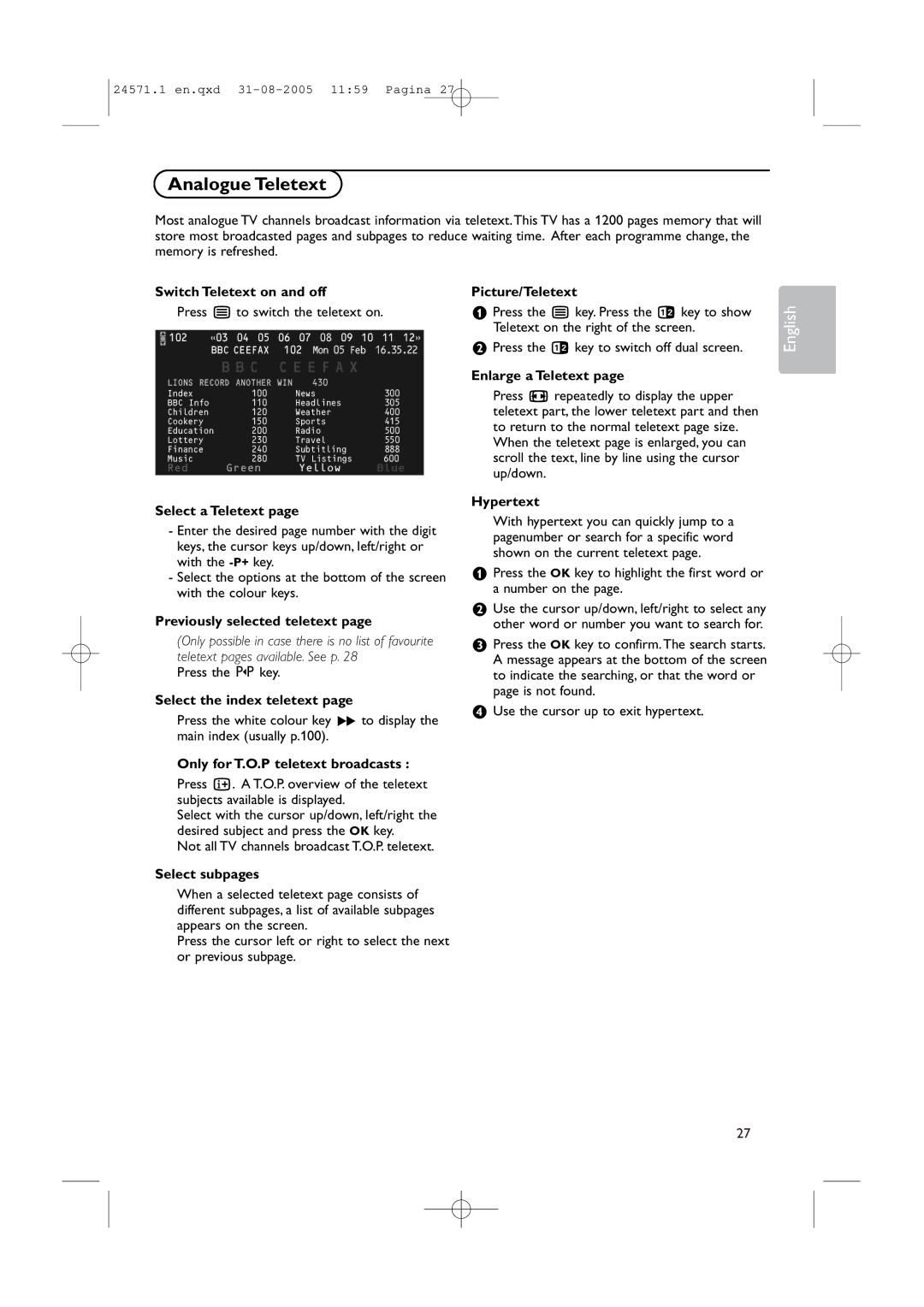 Philips 42PF9967D/10, 50PF9967D/10, 32PF9967D/10 instruction manual Analogue Teletext 