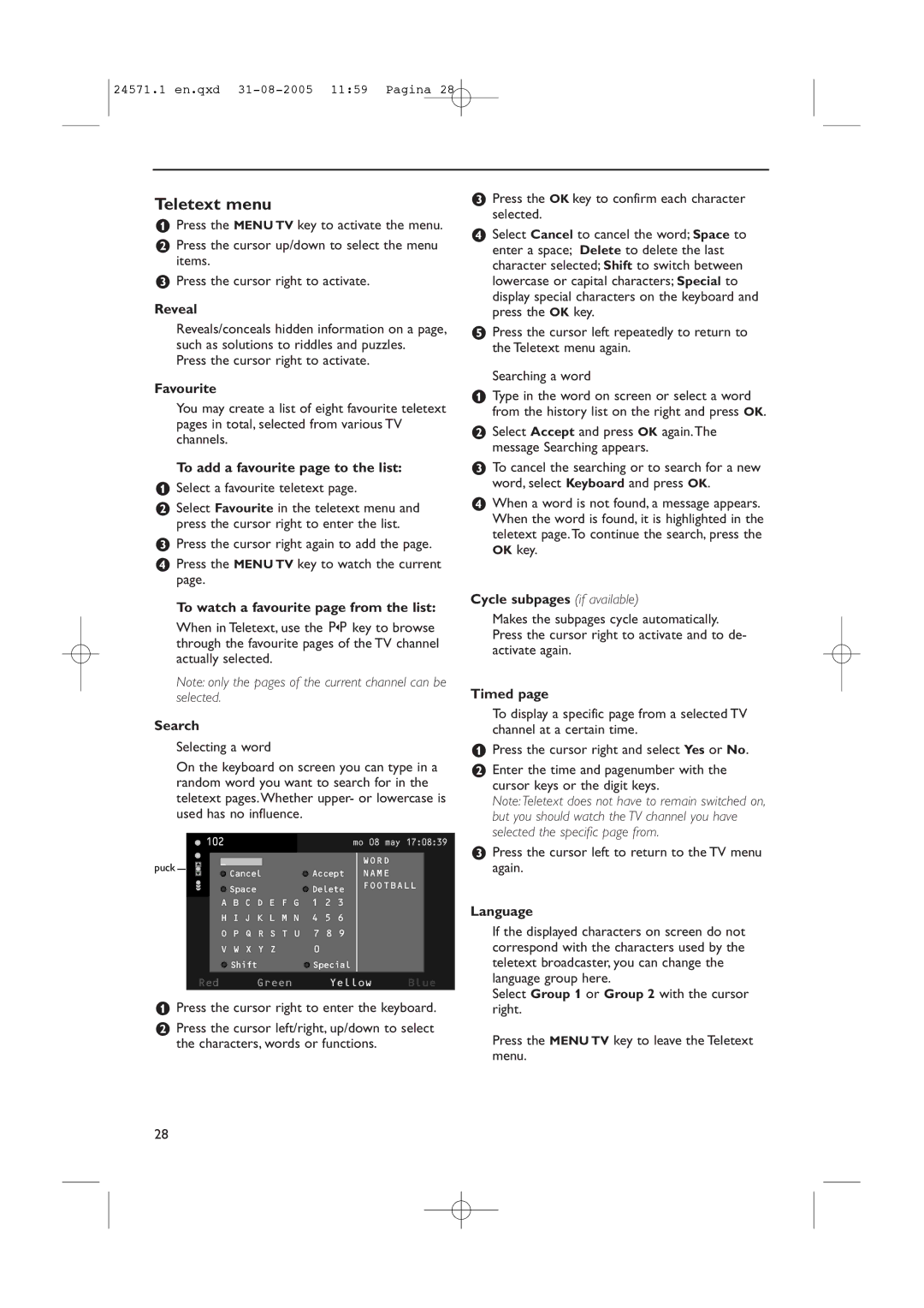 Philips 50PF9967D/10, 42PF9967D/10, 32PF9967D/10 instruction manual Teletext menu 