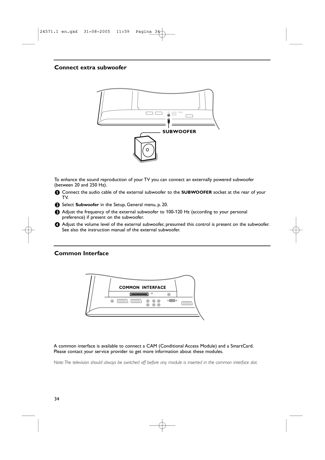 Philips 50PF9967D/10, 42PF9967D/10, 32PF9967D/10 instruction manual Connect extra subwoofer, Common Interface 