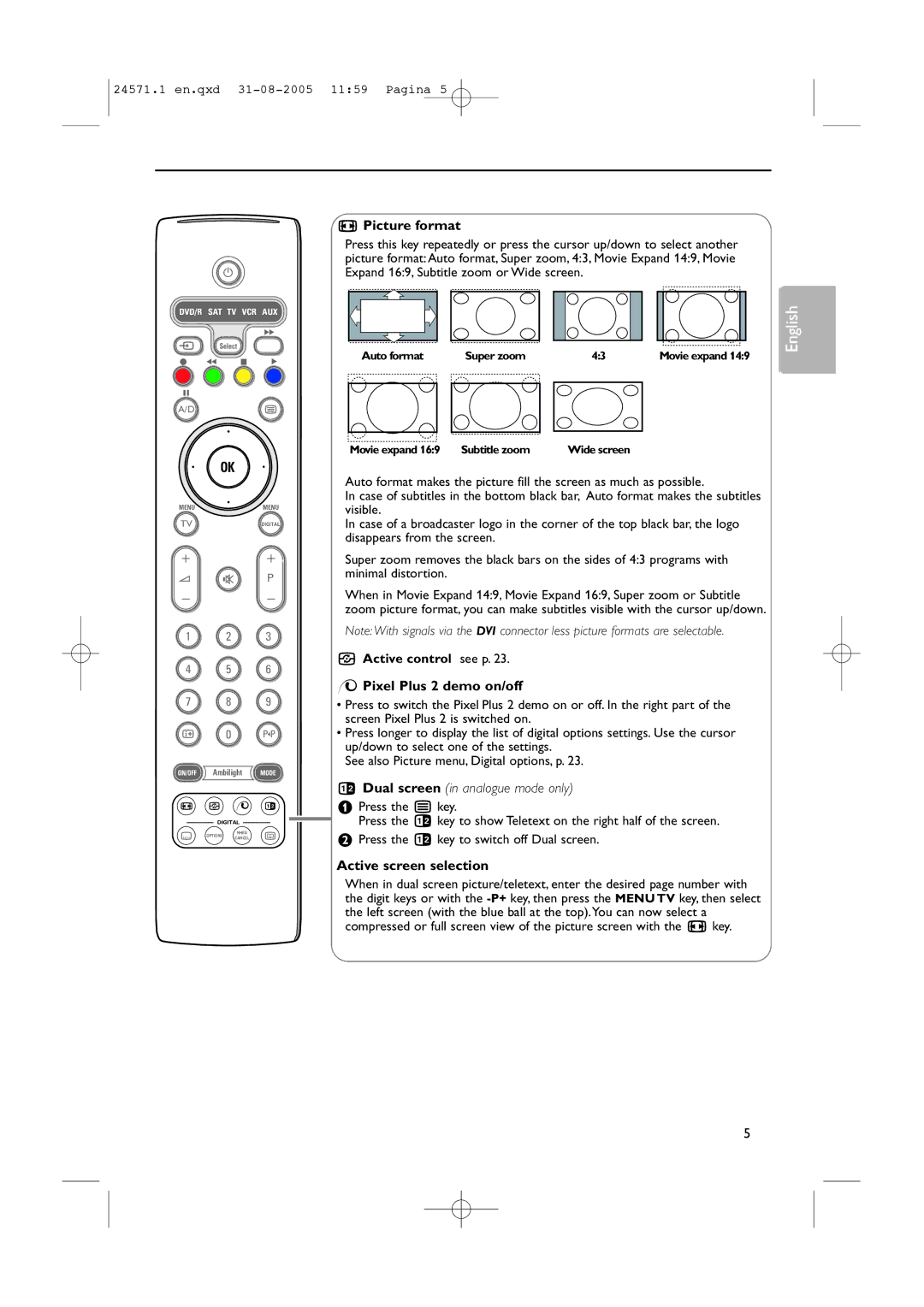 Philips 32PF9967D/10, 42PF9967D/10 Picture format, Pixel Plus 2 demo on/off, Active screen selection, Active control see p 