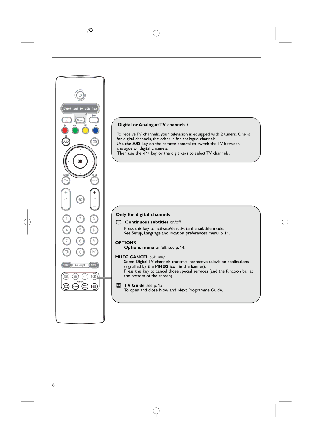 Philips 42PF9967D/10 Only for digital channels, Digital or Analogue TV channels ?, Continuous subtitles on/off 