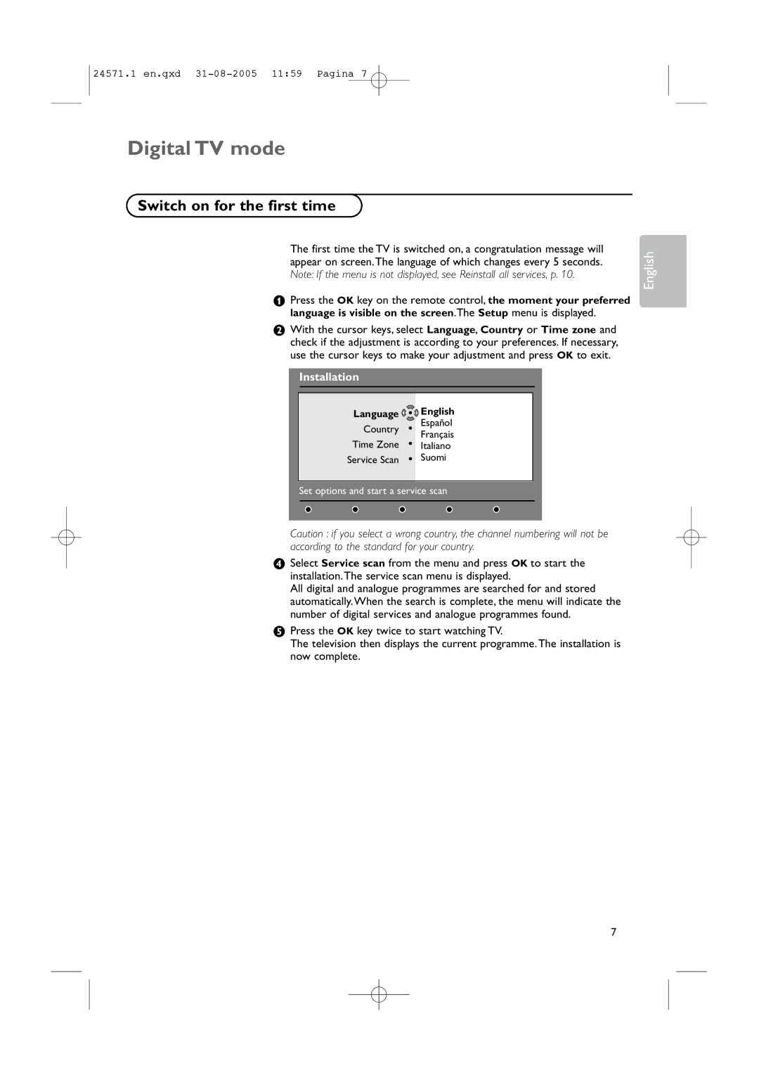 Philips 50PF9967D/10, 42PF9967D/10, 32PF9967D/10 instruction manual Switch on for the first time, Language English 