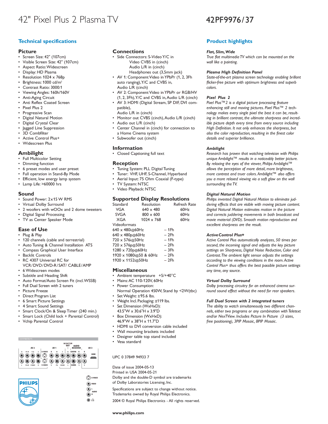 Philips 42PF9976/37 manual Picture, Ambilight, Sound, Ease of Use, Connections, Information, Reception, Miscellaneous 