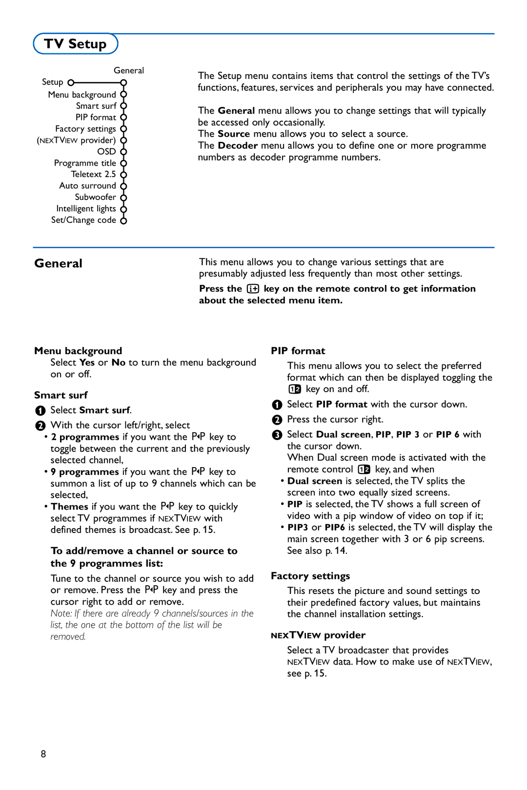 Philips 42PF9986 manual TV Setup, General 