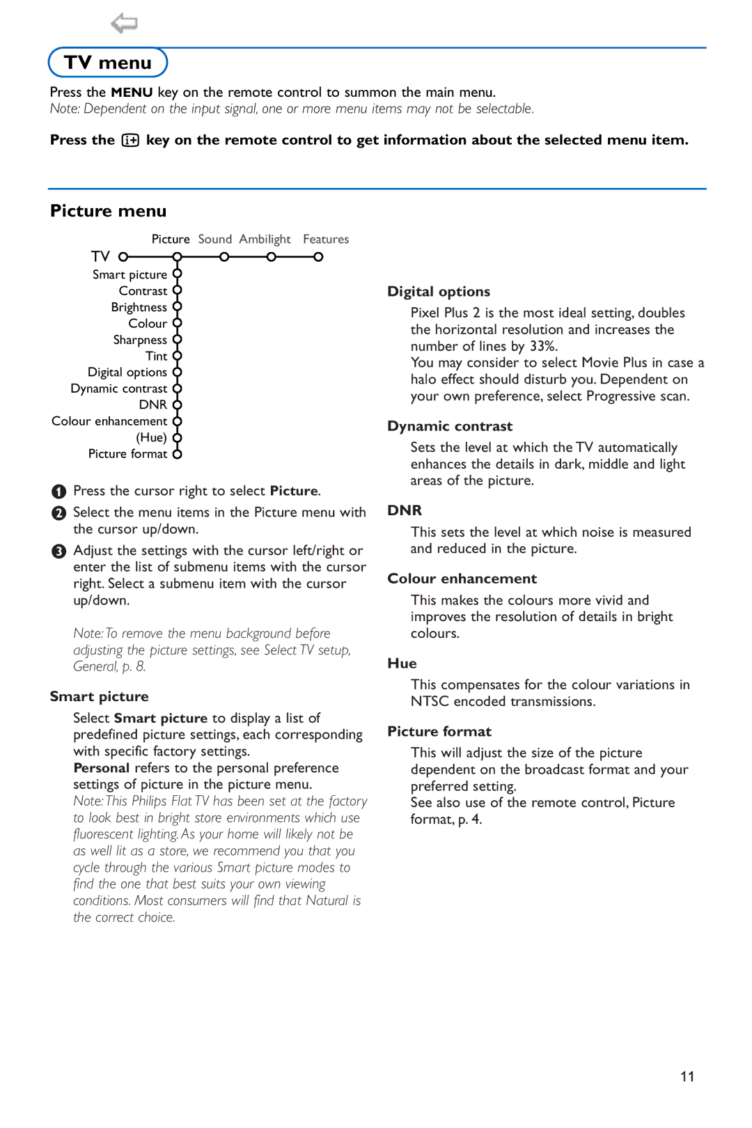 Philips 42PF9986 manual TV menu, Picture menu 